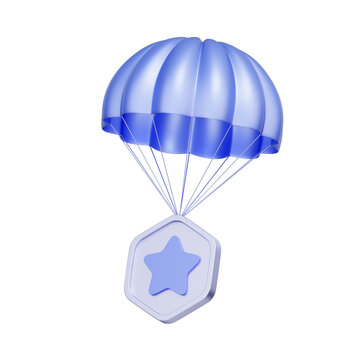 3D illustration of parachute with hexagonal star token for token airdrop, virtual reward delivery, crypto distribution, gamification bonus, loyalty program, and customer acquisition.