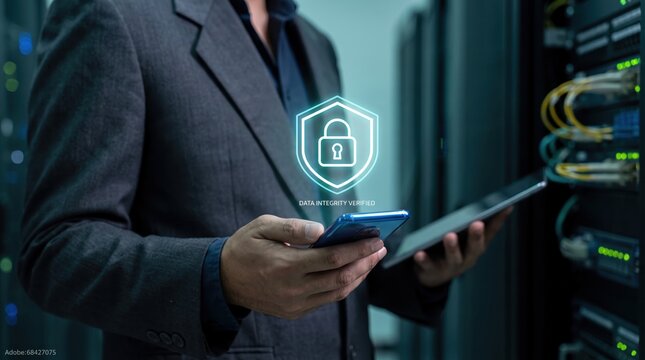 Cyber security expert verifying data integrity in server room, shield icon with padlock symbolizing digital safety, network administrator protecting information systems from