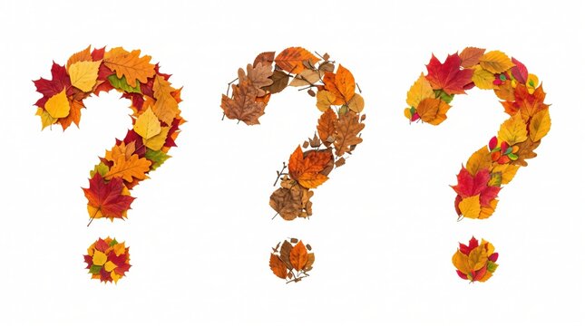 Three question marks formed by colorful autumn leaves, including red, orange, and yellow maple and oak foliage on a white background