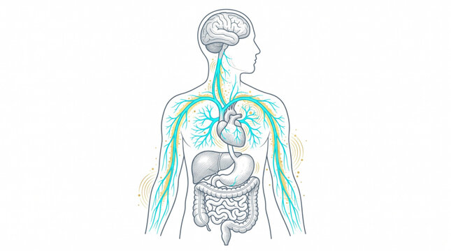 Vagus nerve simulation and parasympathetic nervous system vector illustration isolated on white background. Neurology and mind body wellness concept