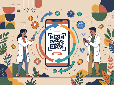 Scientists using mobile phone with qr code for medical research and data analysis in a flat illustration style