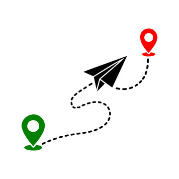 Paper airplane route path with green and red pin location markers vector