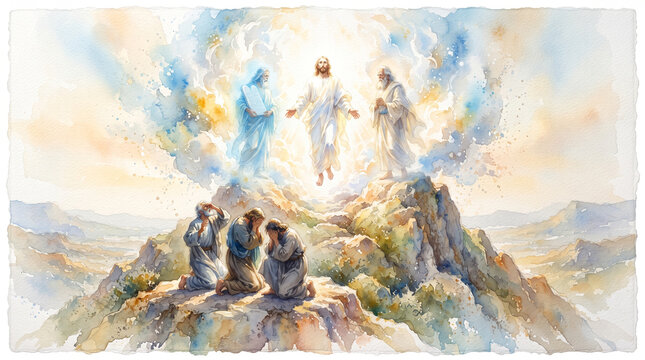 Christ transfigured with face shining like the sun and garments dazzling white as light atop a high mountain, flanked by the glowing apparitions of Moses and Elijah.