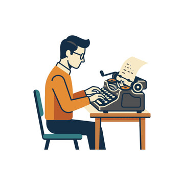 Illustrated man typing on vintage typewriter at desk.