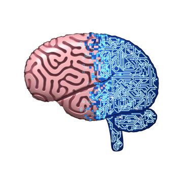 Half human brain half digital circuit, artificial intelligence versus human mind concept isolated on transparent background