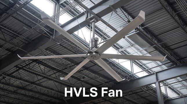 Large industrial HVLS ceiling fan with long blades installed in a modern warehouse interior