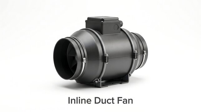 Black cylindrical inline duct fan with connectors for ventilation systems
