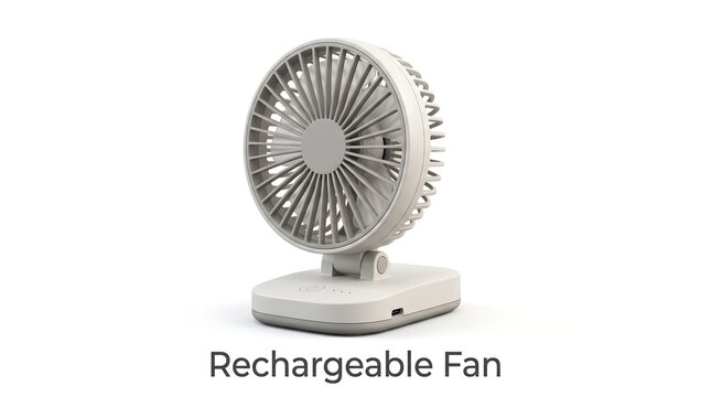 Rechargeable portable fan with USB charging port and indicator lights on white background