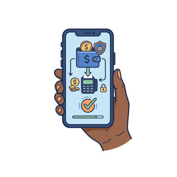 Mobile phone displaying secure digital payment process with currency and security icons