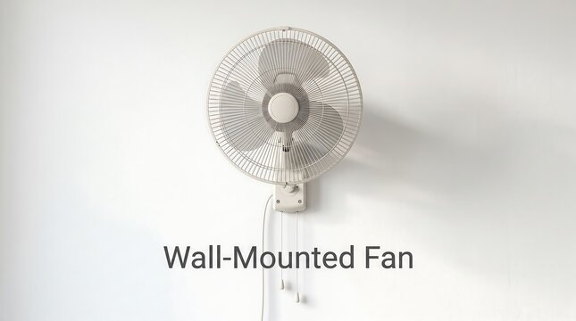 White oscillating wall-mounted fan with pull cord controls and adjustable speed on wall