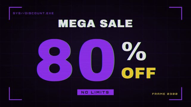 Futuristic mega sale banner animation showing eighty percent discount with digital glitch effects and neon purple scanlines.