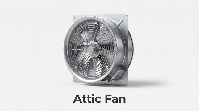 Industrial metal attic fan with protective grille and motor on white background