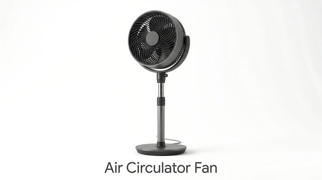 Modern black air circulator fan with adjustable stand on white background