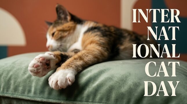 International Cat Day greeting card, relaxed calico cat sleeping on green sofa, cozy pet holiday design with text overlay