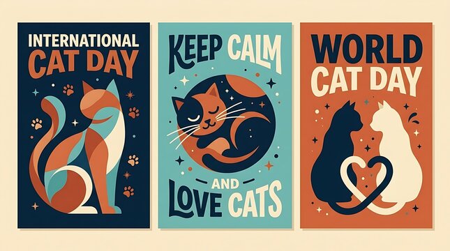 International World Cat Day vector poster set, colorful cat illustrations, keep calm love cats greeting card design, pet celebration flyers