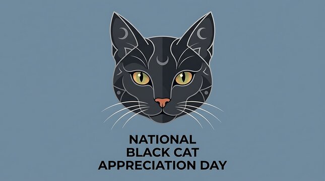 Geometric black cat illustration, national black cat appreciation day design, stylized feline face with yellow eyes