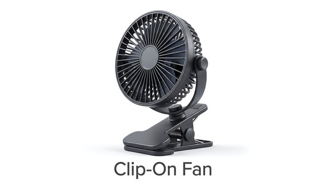 Small black clip-on fan with flexible neck and oscillating head on white background