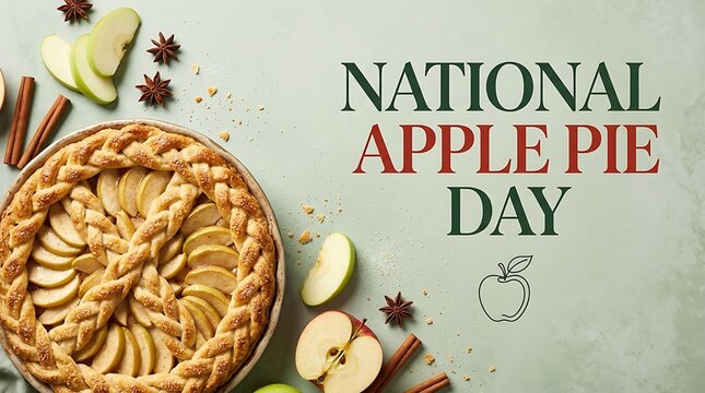 National Apple Pie Day celebratory greeting, homemade baked pie with apple slices, cinnamon and stars anise on textured background