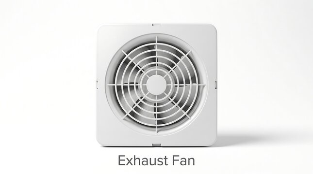 Modern white square exhaust fan with circular grille and blades isolated on white background