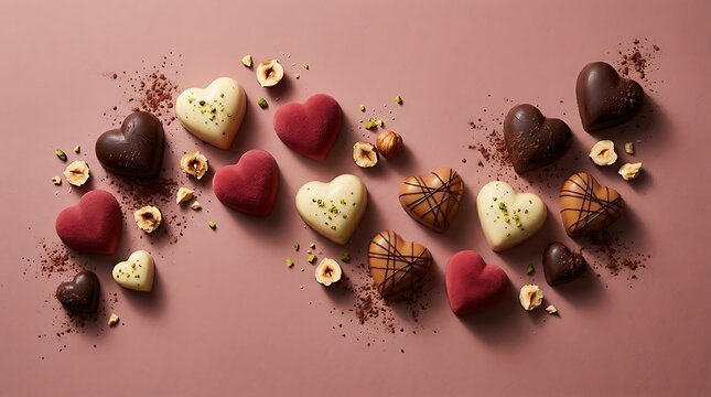 Heart-shaped chocolate pralines with hazelnuts and cocoa powder, pink background, Valentinass gift