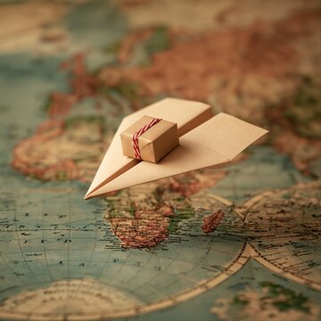 A tiny cardboard parcel tied with red and white twine rides on a folded paper airplane over a vintage world map.