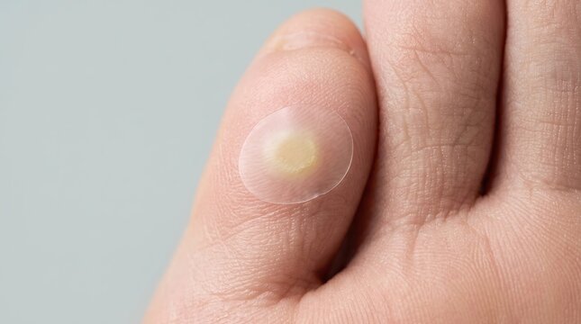 Macro view of a clear hydrocolloid blister patch applied to a human toe for wound healing