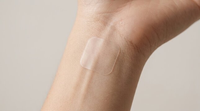 Close up of a transparent square medical adhesive patch or nicotine patch applied to a wrist