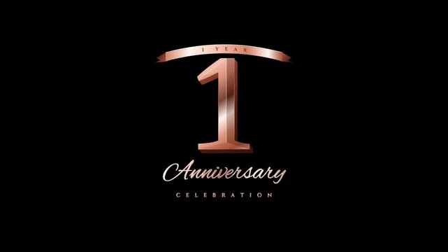 Rose gold 1st anniversary logo animation with transparent background. 4K alpha channel