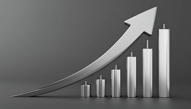 A minimalist silver arrow climbs above metallic bars on a charcoal background, illustrating steady business growth, improving metrics, profit increases, and strategic progress.
