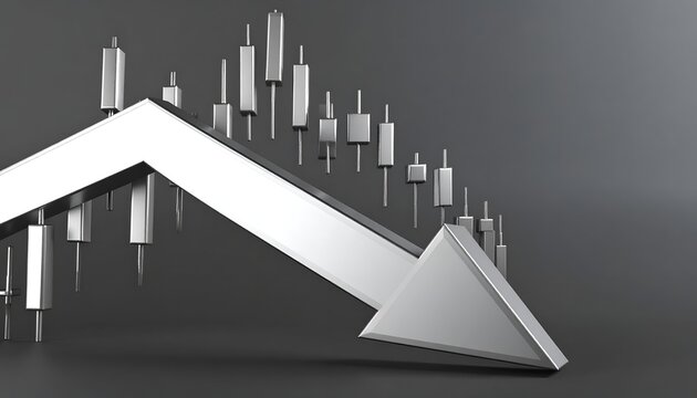 A large silver arrow sweeps upward across a dark background with candlestick chart elements, illustrating stock market momentum, trading trends, and financial volatility.