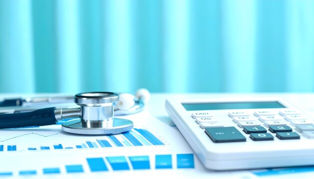 Close-up of a stethoscope, calculator, and healthcare data charts in cool blue tones, representing medical billing, hospital accounting, and healthcare cost management.