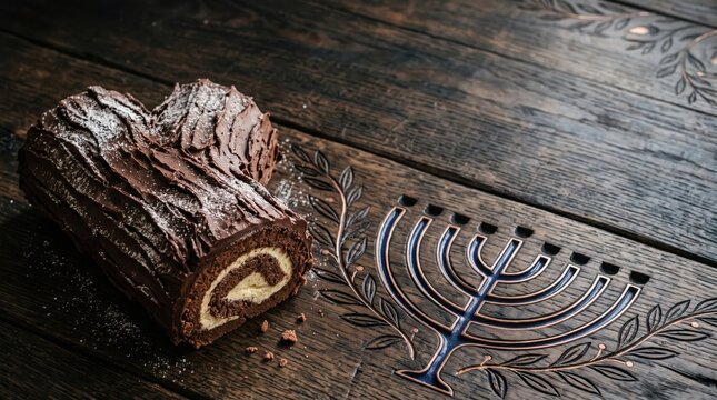 Hanukkah and Christmas Yule Log Copy Space Background with Carved Wooden Menorah and Inlaid Copper Laurel Flourish