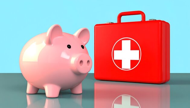 A pink piggy bank stands beside a bright red medical first aid case on a turquoise background, combining savings, healthcare expenses, emergency funds, and financial preparedness.