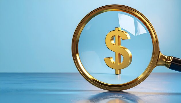 Golden dollar sign magnified against a clean blue background, creating a conceptual image for money management, financial assessment, investment strategy, and wealth planning.