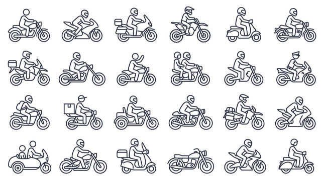 Motorcycle riders icons isolated on transparent background. Two-wheeled vehicle symbols with human figures. Scooter, dirt bike, cruiser, sport bike, touring bike, sidecar. Minimalist line art for.