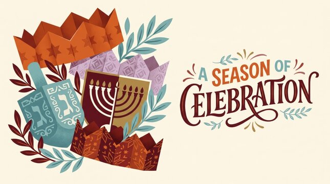 Hanukkah and Christmas Paper Cutout Holiday Crowns and Menorah Dreidel Banner with Season of Celebration Typography on Copy Space Background