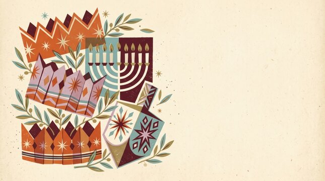 Hanukkah and Christmas Flat Lay Composition with Folded Party Crowns, Dreidel, Menorah and Olive Leaves on Neutral Paper Copy Space Background