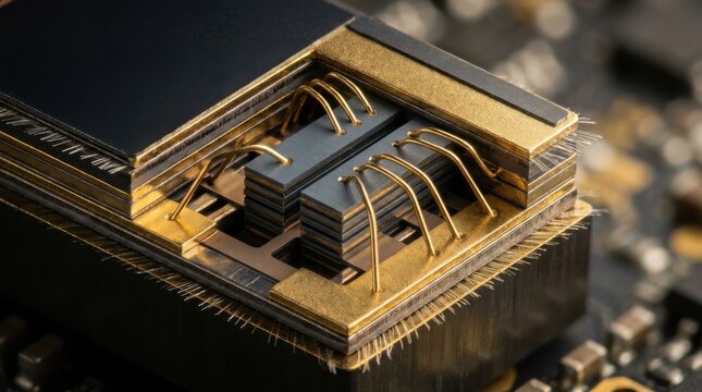Cutaway view of high-performance integrated circuit package exposing multilayered nanosheet channels and polished gold bonding wires on a semiconductor processor die.