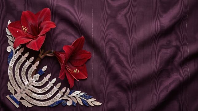 Elegant Christmas Amaryllis and Hanukkah Menorah Inlay on Moire Silk Fabric Texture Holiday Copy Space Background for Greeting