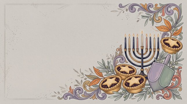 Hanukkah and Christmas Elegant Corner Illustration Copy Space Background with Hanukkiah, Dreidel, Star Mince Pies, Olive Leaves and Ornate Holiday Borders