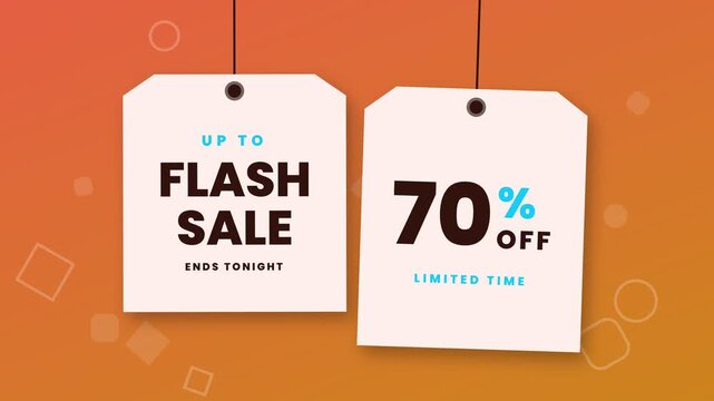 Two white hanging price tags showing a seventy percent flash sale discount on a bright orange background