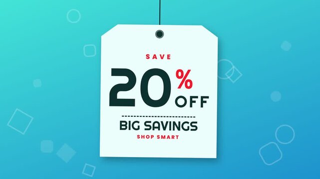 White price tag with twenty percent off text swinging on a blue background with geometric shapes.