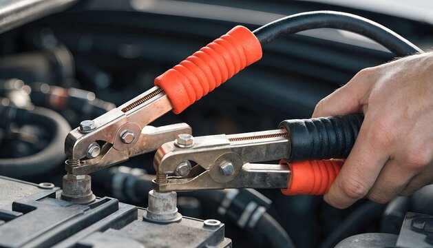 Close-up of heavy-duty orange-red and black jumper cables connecting to a car battery terminal. A hand grips the clamp. Blurred engine bay. Automotive repair, maintenance, emergency assistance concept