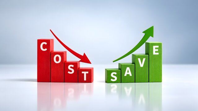 Cost reduction and savings growth business concept with wooden blocks