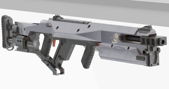 Futuristic sci fi rifle with metallic frame and tactical grip on