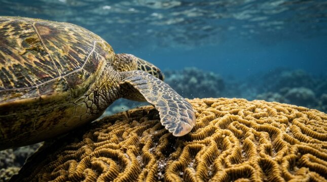 Closeup of an olive-green sea turtle flipper and textured carapace resting against golden brain coral on a shallow tropical marine reef in clear blue water.