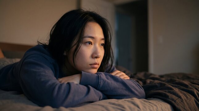 Pensive young Asian woman lying on a bed in a dimly lit room looking away with a sad expression