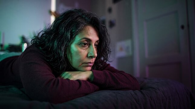 Middle aged woman with curly hair lying on a bed with a pensive expression in a moody lit room