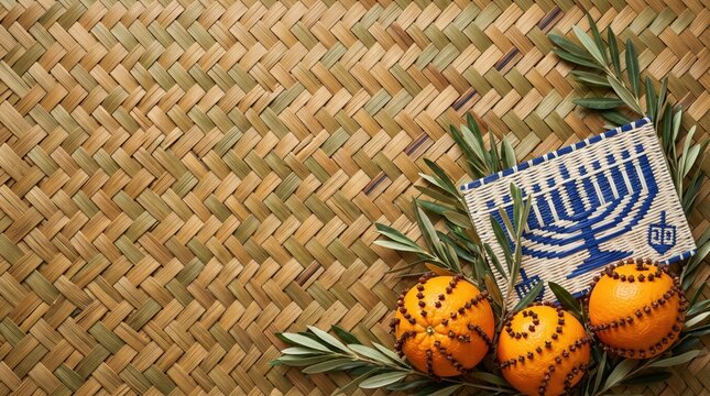Hanukkah and Christmas Flat Lay Copy Space Background with Clove Christmas Pomanders, Woven Menorah Mat, and Olive Branches on Wicker Matting
