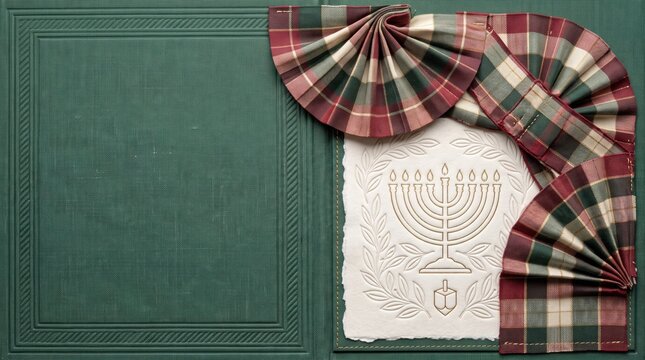 Hanukkah and Christmas Copy Space Background with Menorah Embossed Paper, Plaid Ribbon Fan Fabric and Green Textured Cardstock for Holiday Card Design